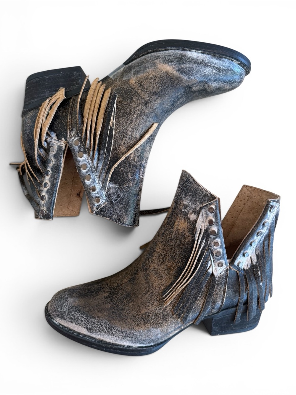 Coral Circle G Black Distressed Leather Studs & Fringes Bootie with Round Toe